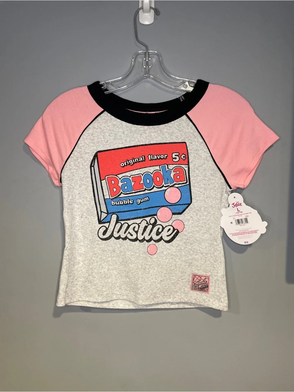 Justice Retro Pink Raglan Tee with Light Heather Gray Body Bazooka Gum